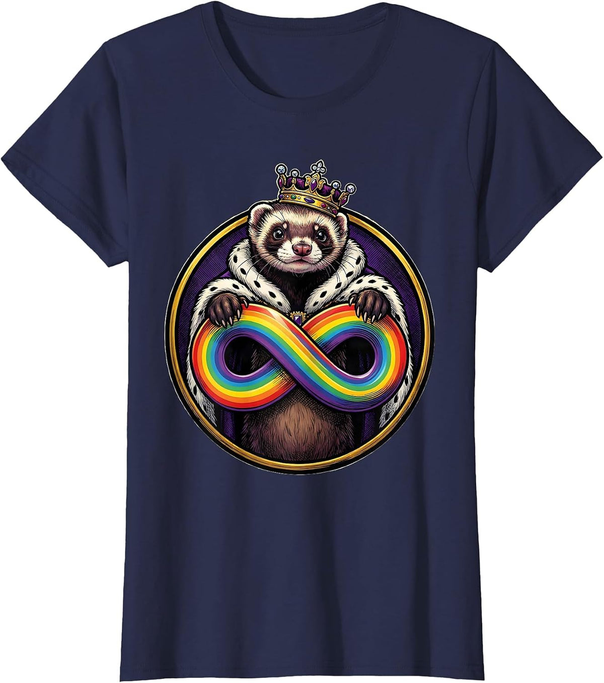 Women's Crowned Ferret Monarch Cartoon Autism Meme Humor T-Shirt - Navy Blue