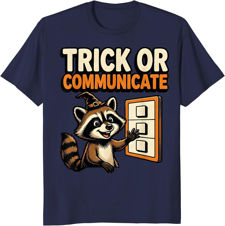 Trick Or Communicate Cartoon Halloween Speech Therapy SLP T-Shirt - Navy Blue