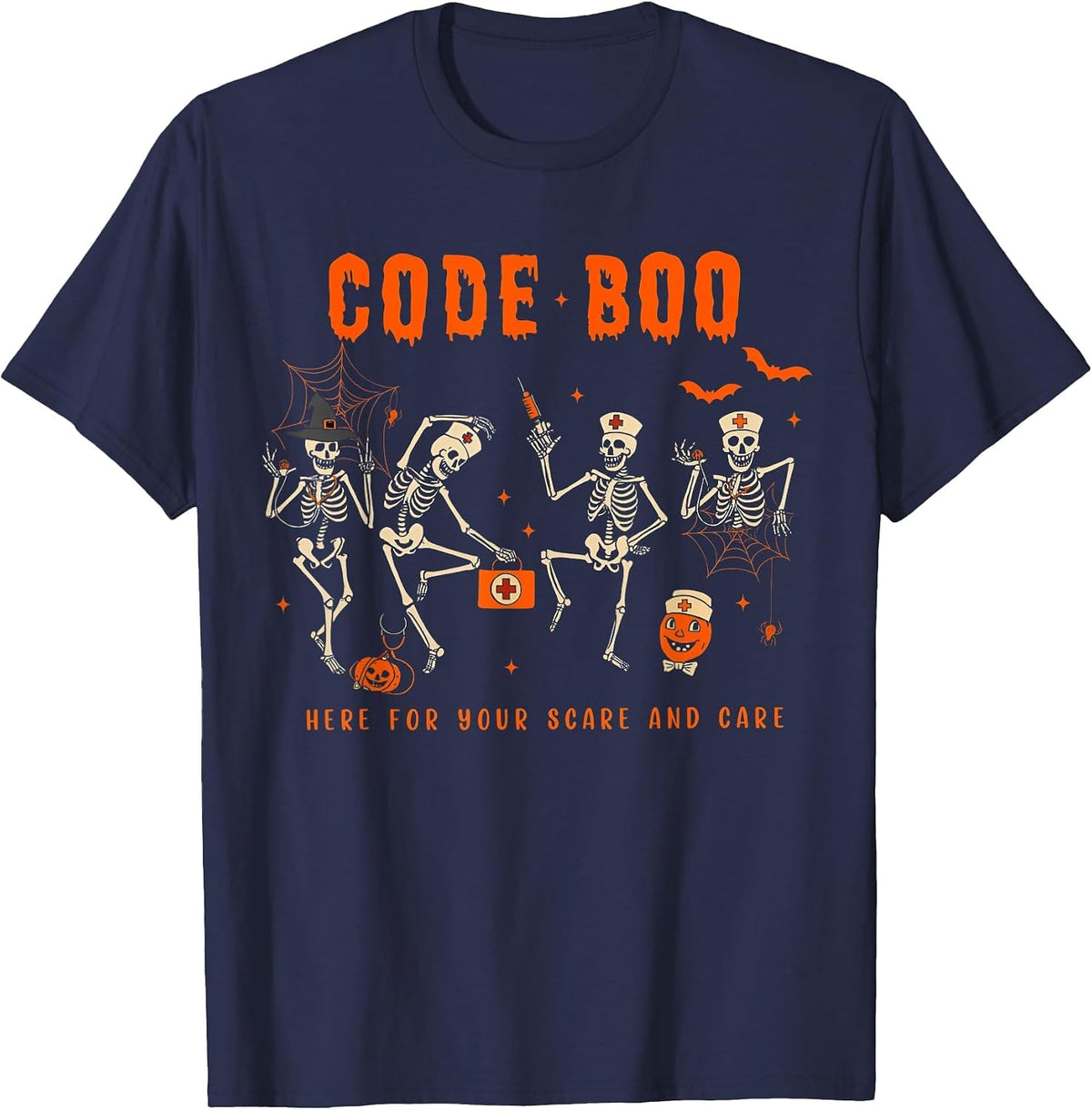 Code Boo Here for Your Scare and Care Nurse Halloween T-Shirt - Navy Blue
