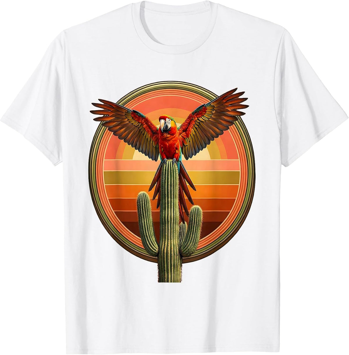 Men's Macaw Parrot Cactus Sunset Mexico Graphic T-Shirt - White