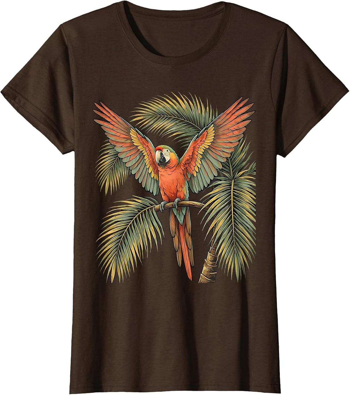 Women's Tropical Parrot Rainbow Feathers Palm Branch T-Shirt - Brown