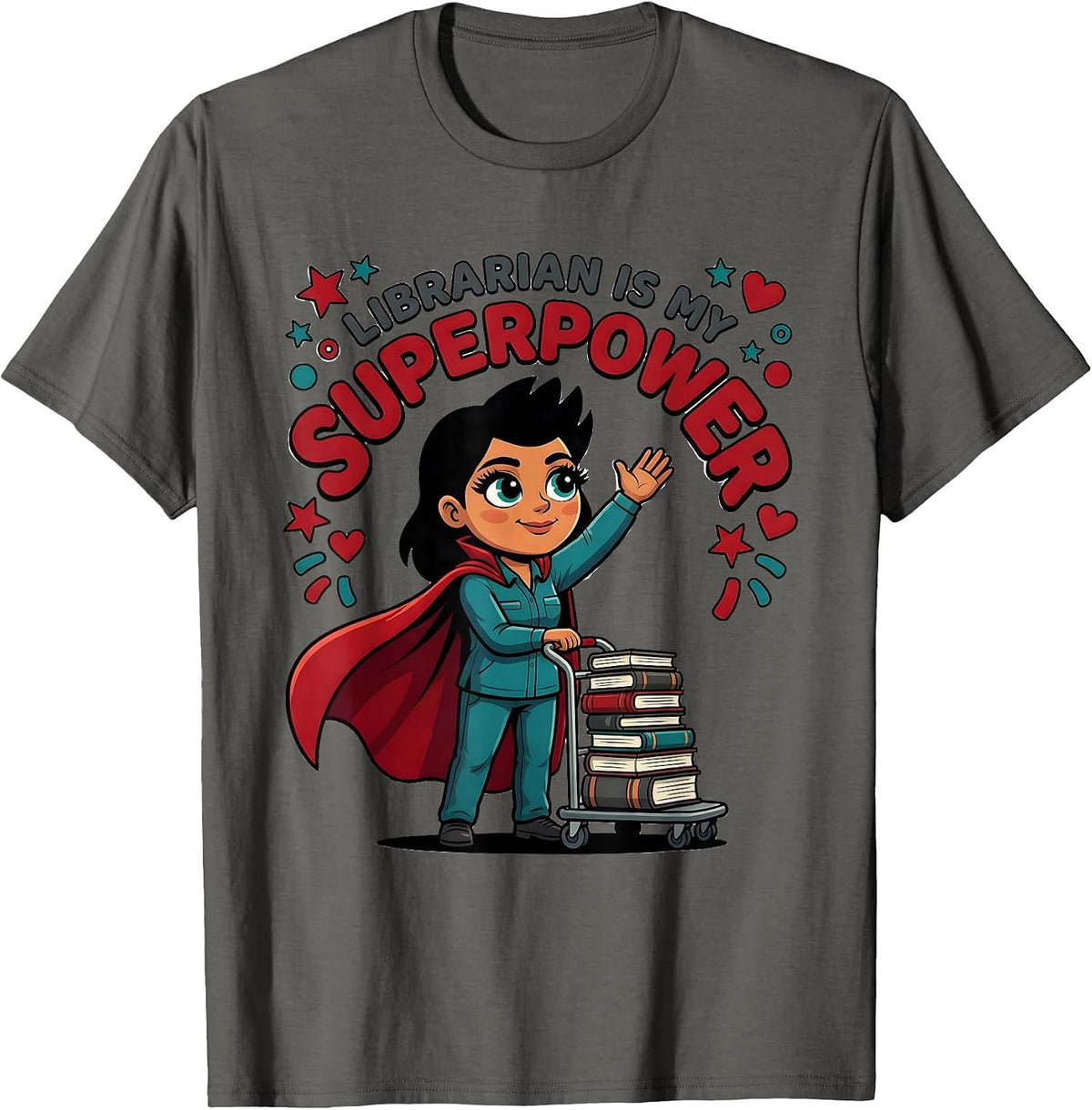 Men's LIBRARIAN IS MY SUPERPOWER Cartoon Librarian Back To School T-Shirt - Asphalt Grey