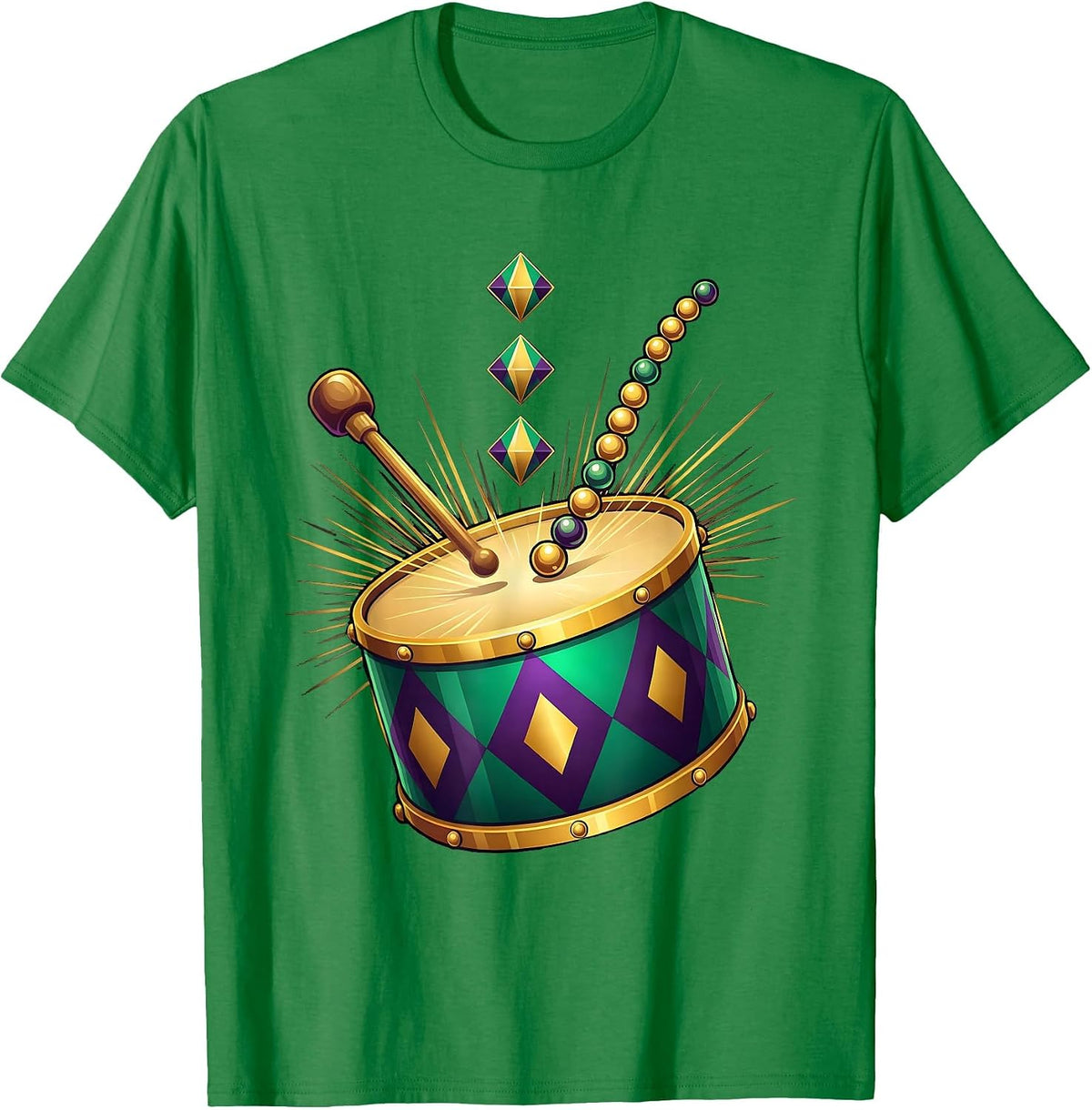 Men's Parade Drum Harlequin Beads Mardi Gras Carnival Party T-Shirt - Kelly Green