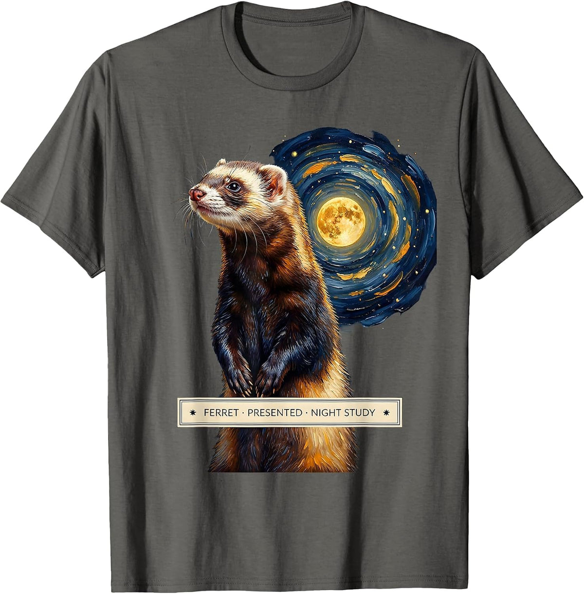 Ferret, Presented, Night Study Van Gogh Art Parody Pet Lover T-Shirt - Asphalt Grey