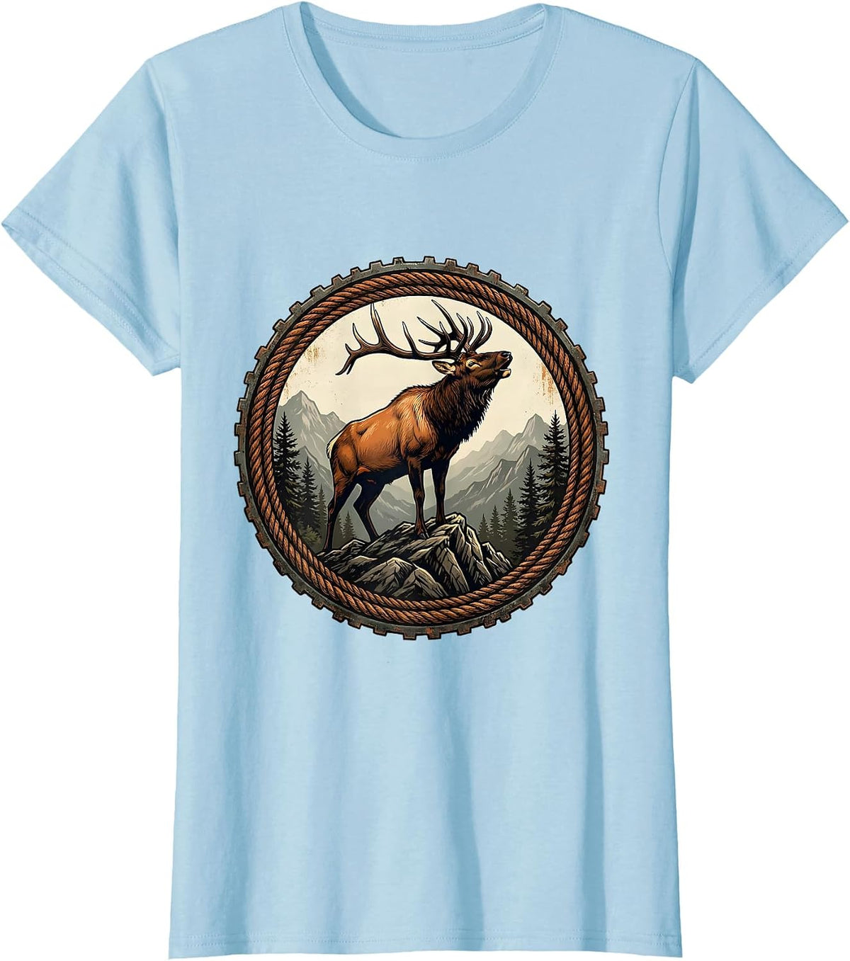 Elk Bugling on Rocky Mountain Ridge Design T-Shirt - Baby Blue