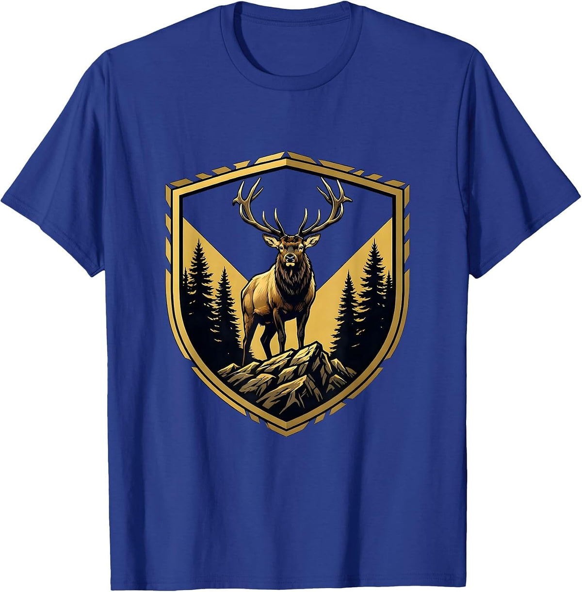 Elk on Rocky Ridge at Dusk Wildlife Illustration T-Shirt - Royal Blue