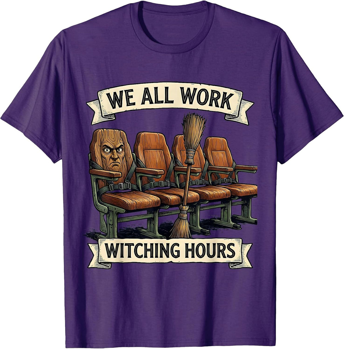 Men's We All Work Witching Hours Funny School Bus Driver Halloween T-Shirt - Purple