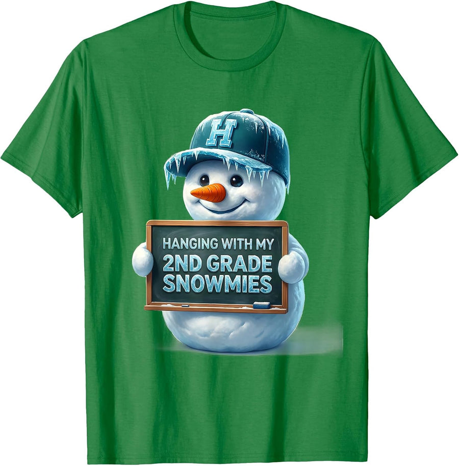 Men's Hanging With My 2nd Grade Snowmies Funny Teacher Christmas T-Shirt - Kelly Green
