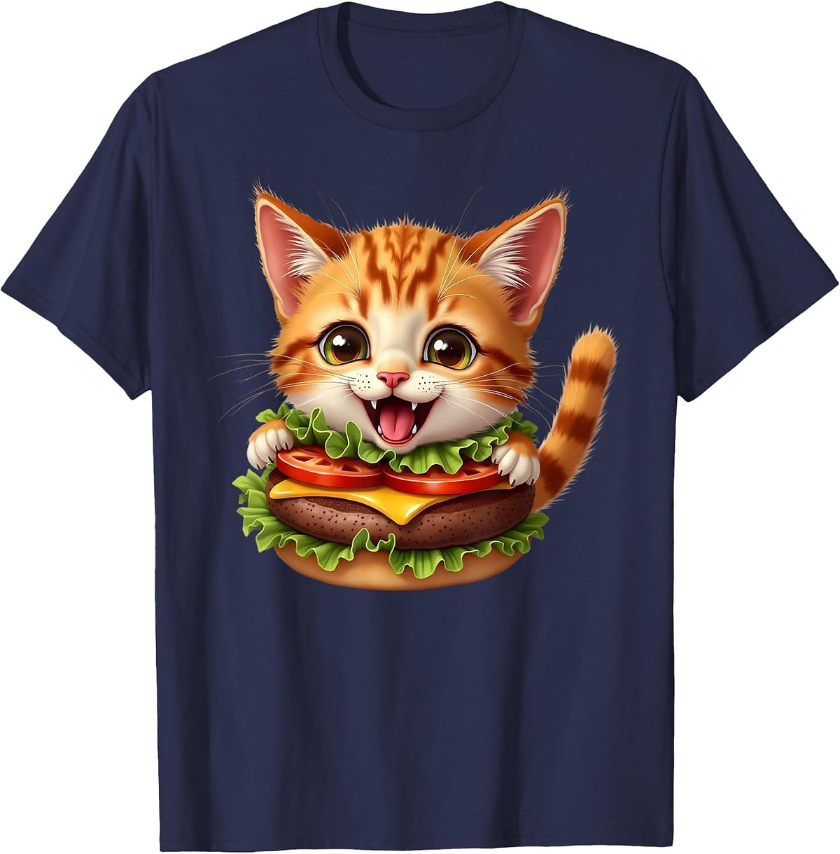 Funny Fast Food Cat Burger Lover Cute Cats Cheeseburger T-Shirt - Navy Blue