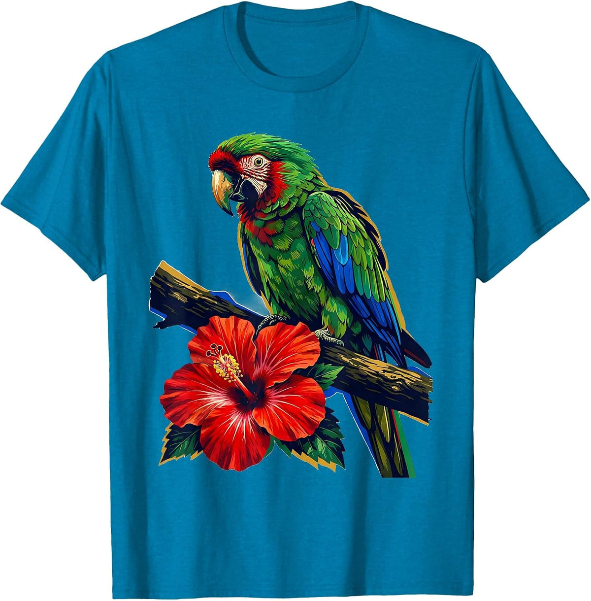 Puerto Rican Parrot and Hibiscus Illustration T-Shirt - Sapphire Blue