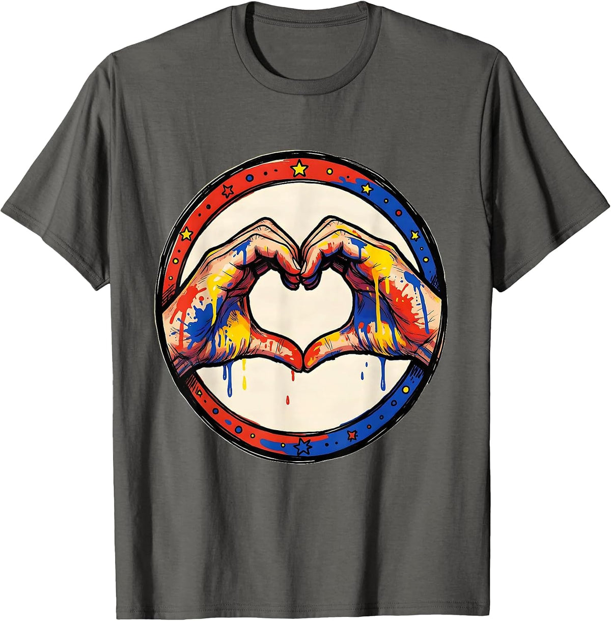 Preschool Teacher Paint Hand Heart Graphic T-Shirt - Asphalt Grey