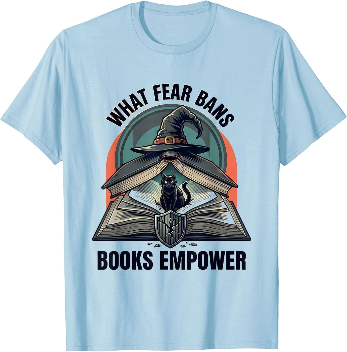 Men's What Fear Bans, Books Empower Flat Vector Witch Halloween T-Shirt - Baby Blue