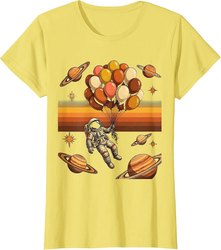 Women's Birthday Squad Astronaut Floating Balloons Space T-Shirt - Lemon Yellow