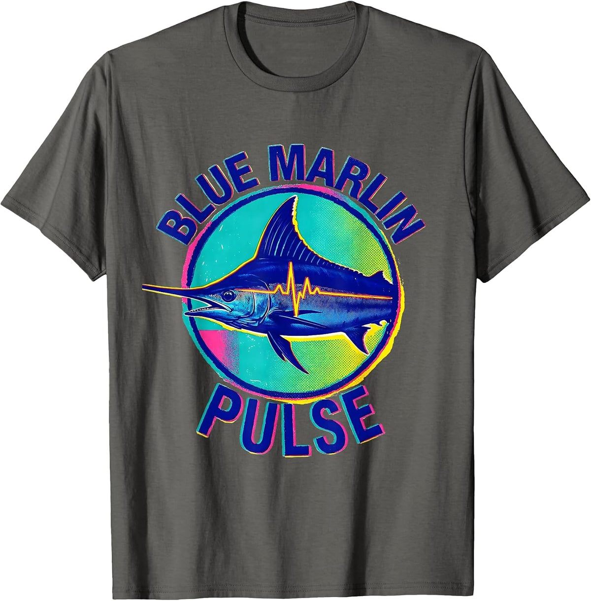 Men's Blue Marlin Pulse Risograph Fishing Angler Gift T-Shirt - Asphalt Grey