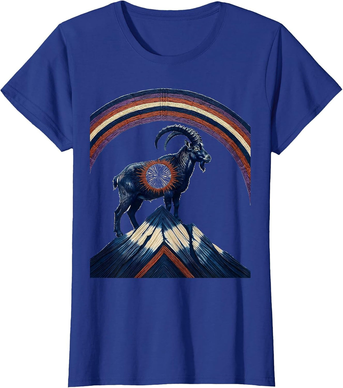 Women's Hippie Goat on Mountain Rainbow Graphic T-Shirt - Royal Blue