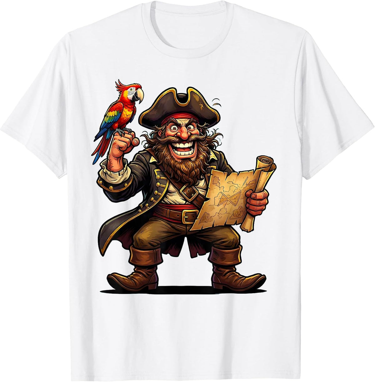 Men's Bearded Pirate Parrot and Treasure Map Graphic T-Shirt - White