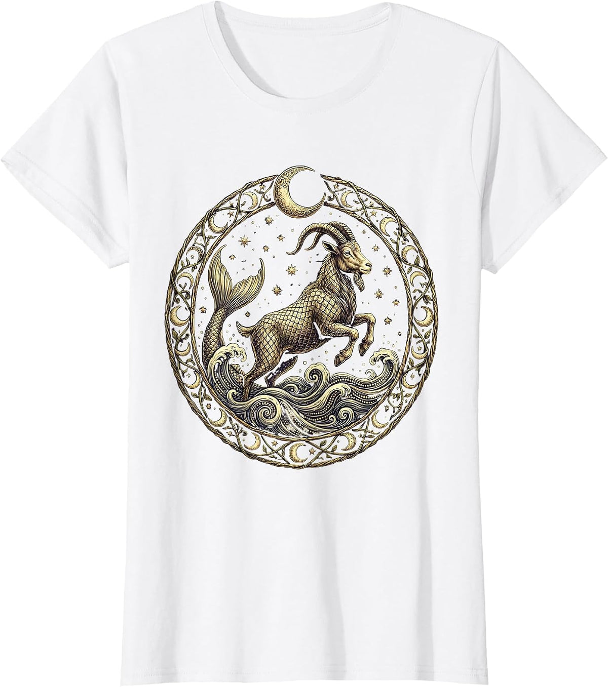 Women's Capricorn Sea-Goat Leaping Ocean Waves Zodiac T-Shirt - White