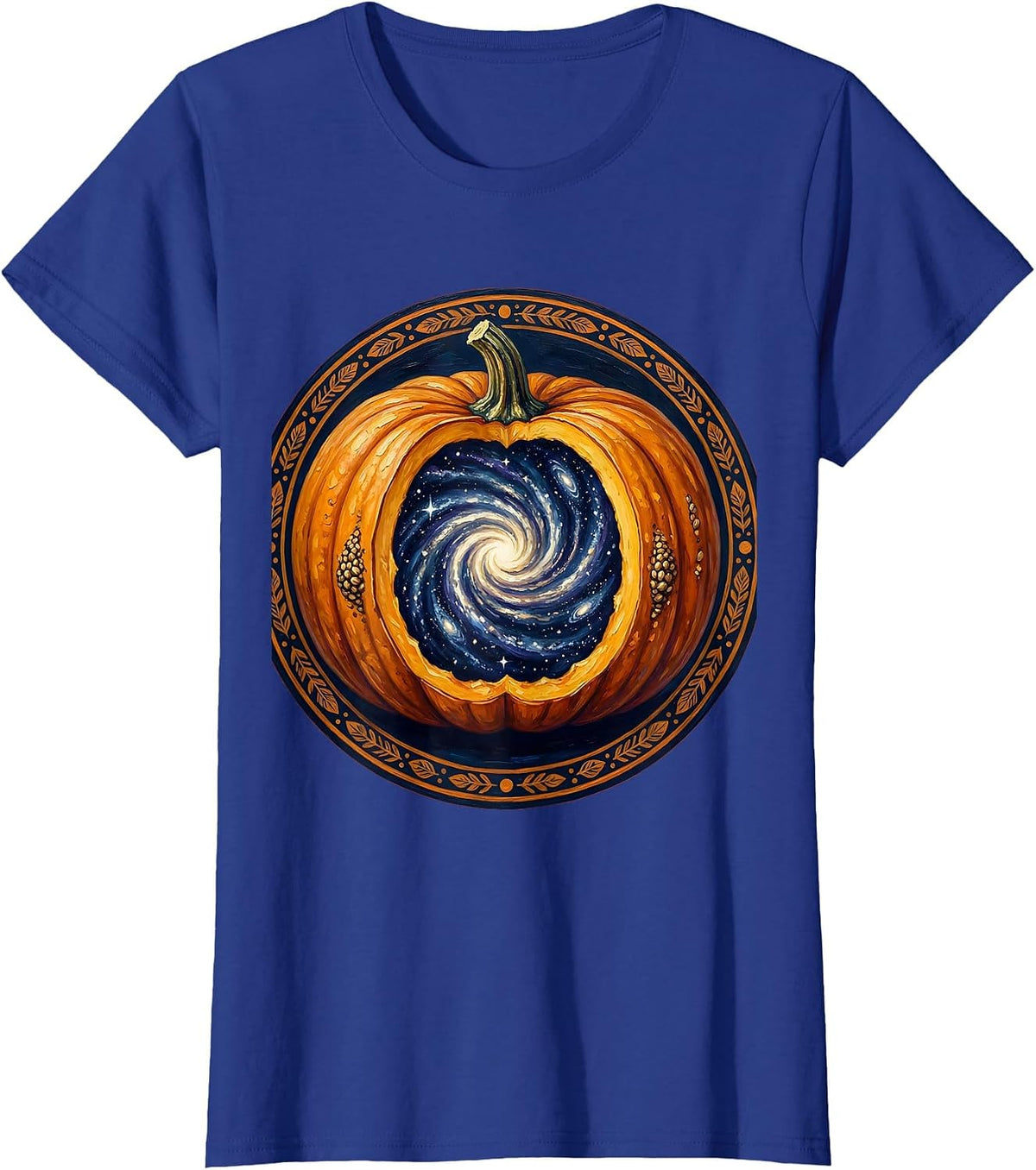 Women's Cosmic Pumpkin Galaxy Universe Halloween Design T-Shirt - Royal Blue