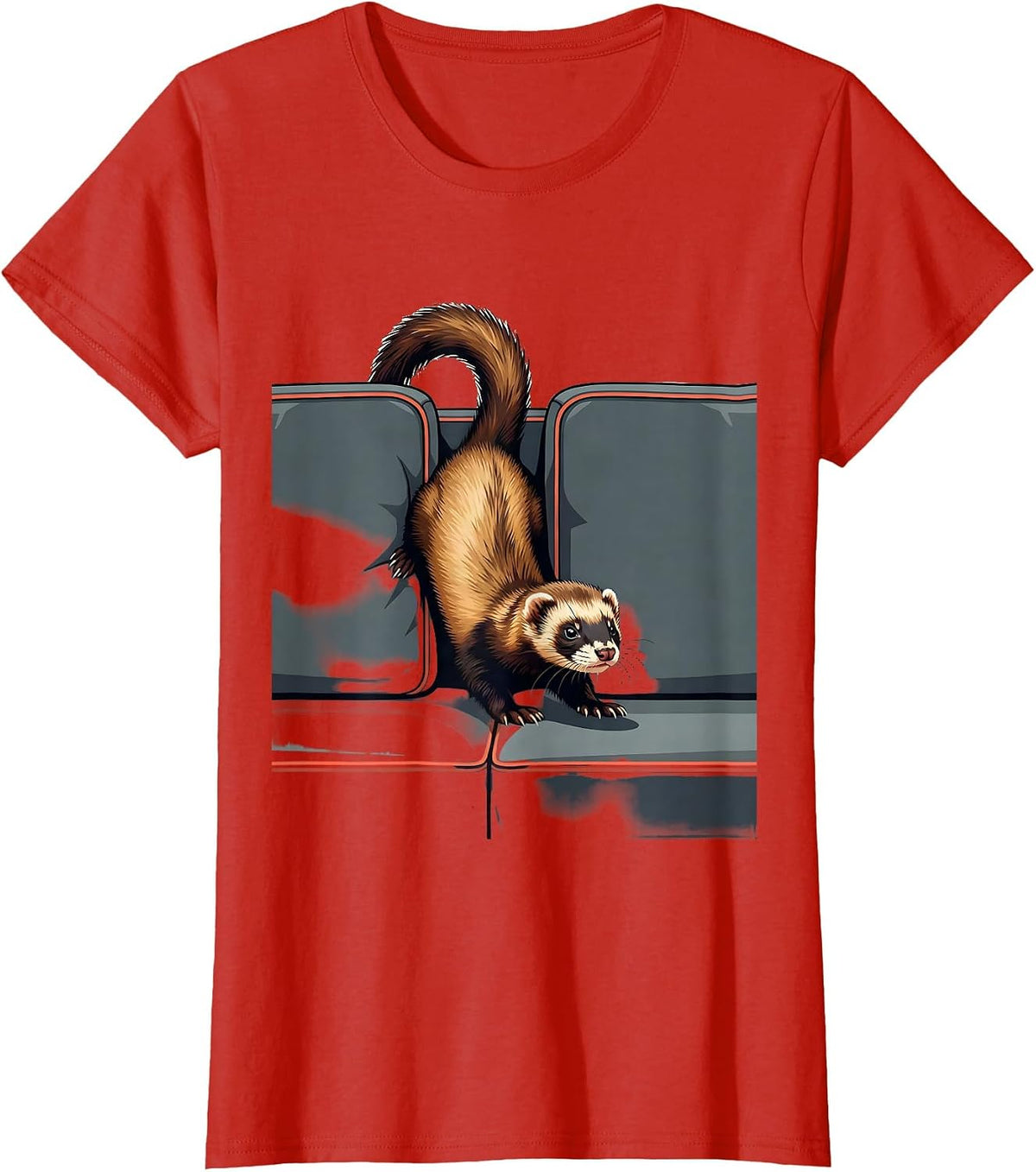 Women's Ferret Wedged Between Cushions Funny Ferret Lover Christmas T-Shirt - Red
