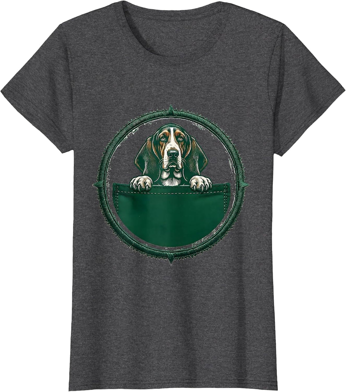 Women's Basset Hound Pocket Rubber Stamp Dog Lover T-Shirt - Dark Heather Grey