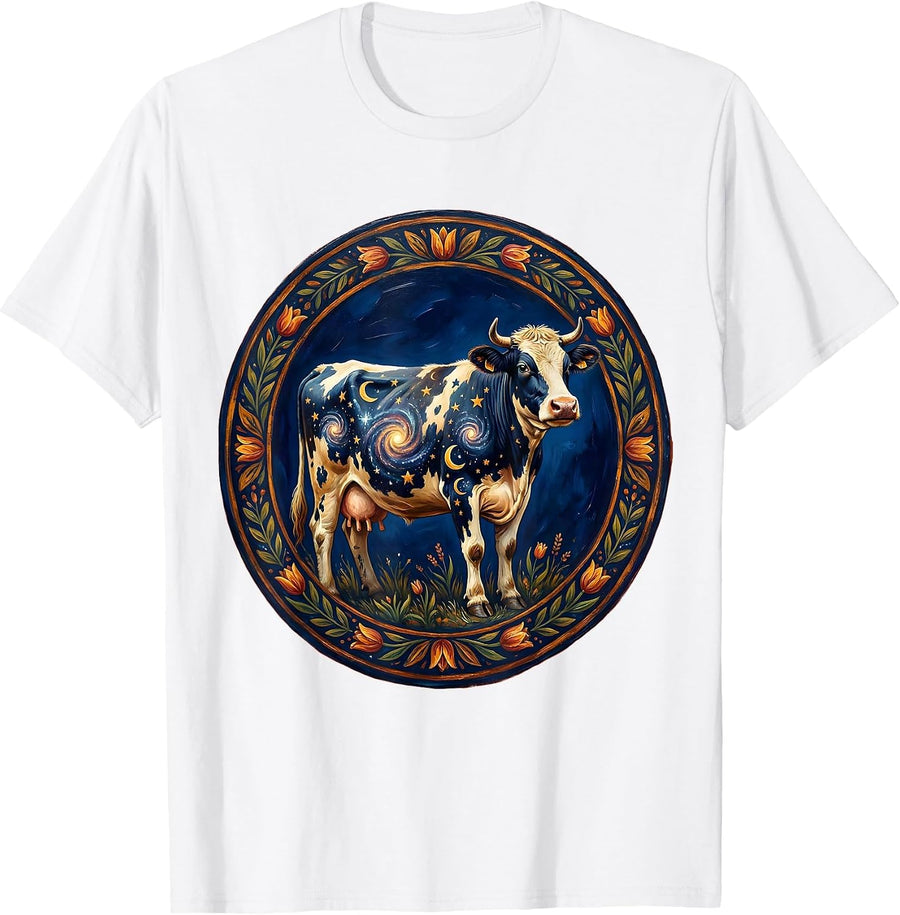 Men's Cosmic Cow Galaxy Pattern Illustration T-Shirt - White