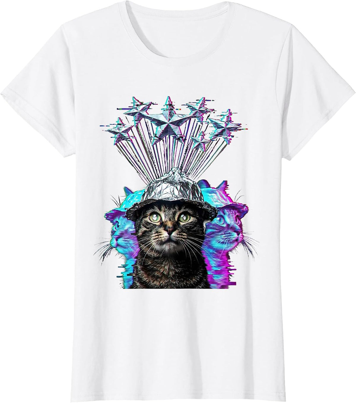 Conspiracy Cat Tinfoil Hat Stargazing Design T-Shirt - White