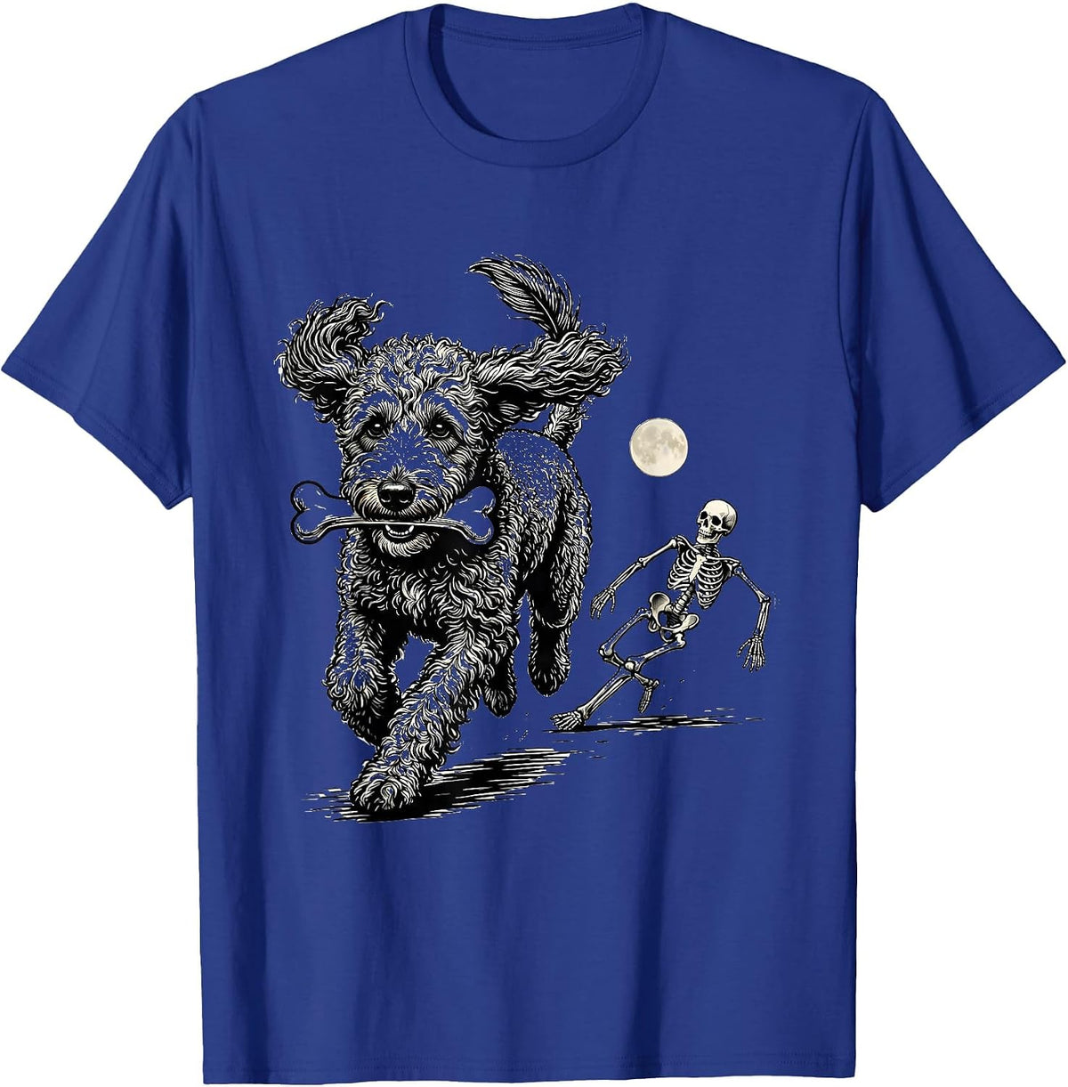 Men's Funny Skeleton Chasing Bernedoodle Halloween Dog Mom T-Shirt - Royal Blue
