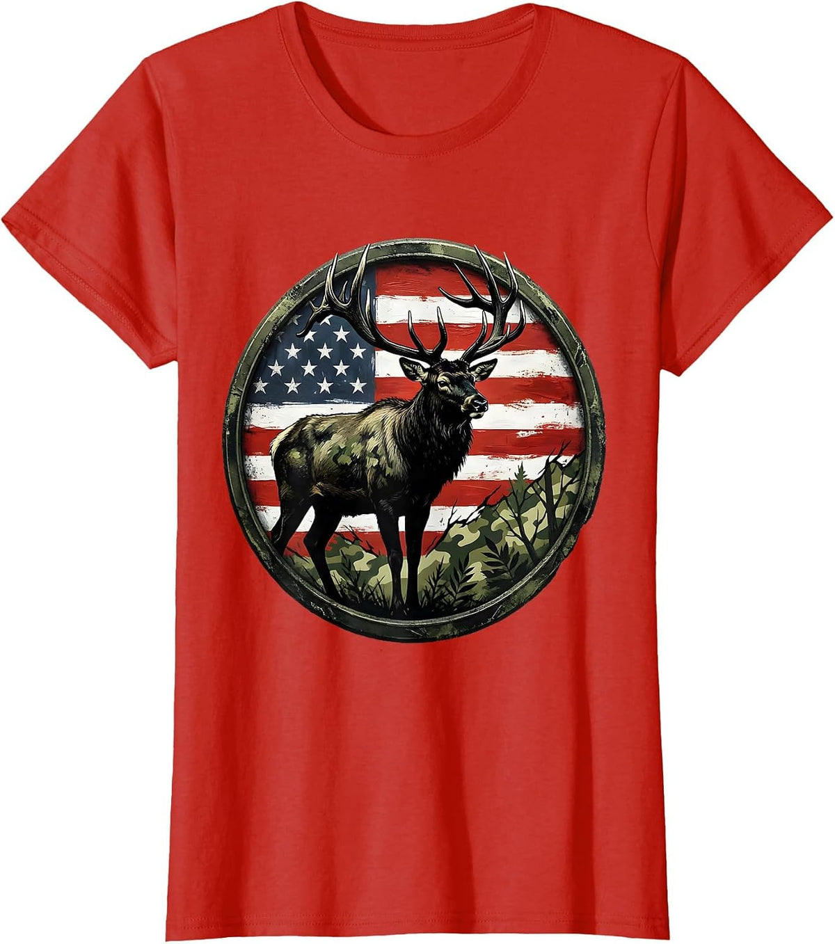 Elk in Misty Camo Woodland Illustration T-Shirt - Red