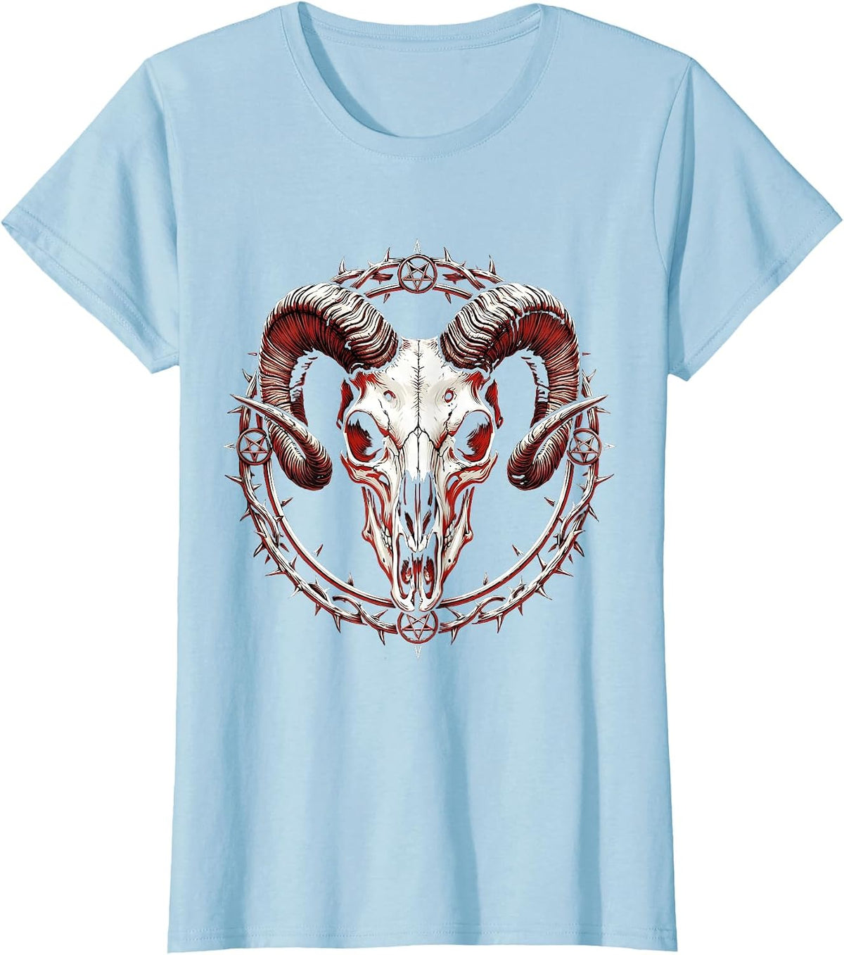 Demonic Goat Skull Curved Horns Horror Art T-Shirt - Baby Blue