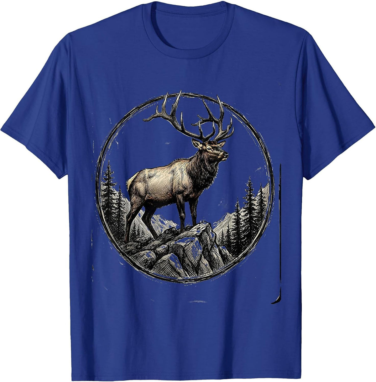 Bull Elk on Rocky Mountain Ridge Illustration T-Shirt - Royal Blue