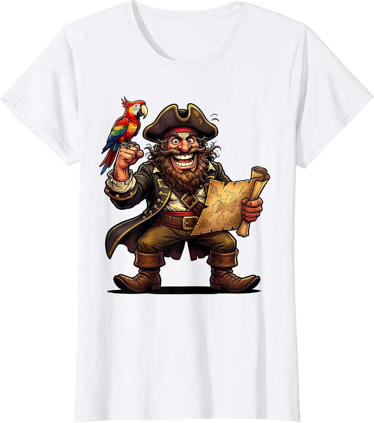 Women's Bearded Pirate Parrot and Treasure Map Graphic T-Shirt - White