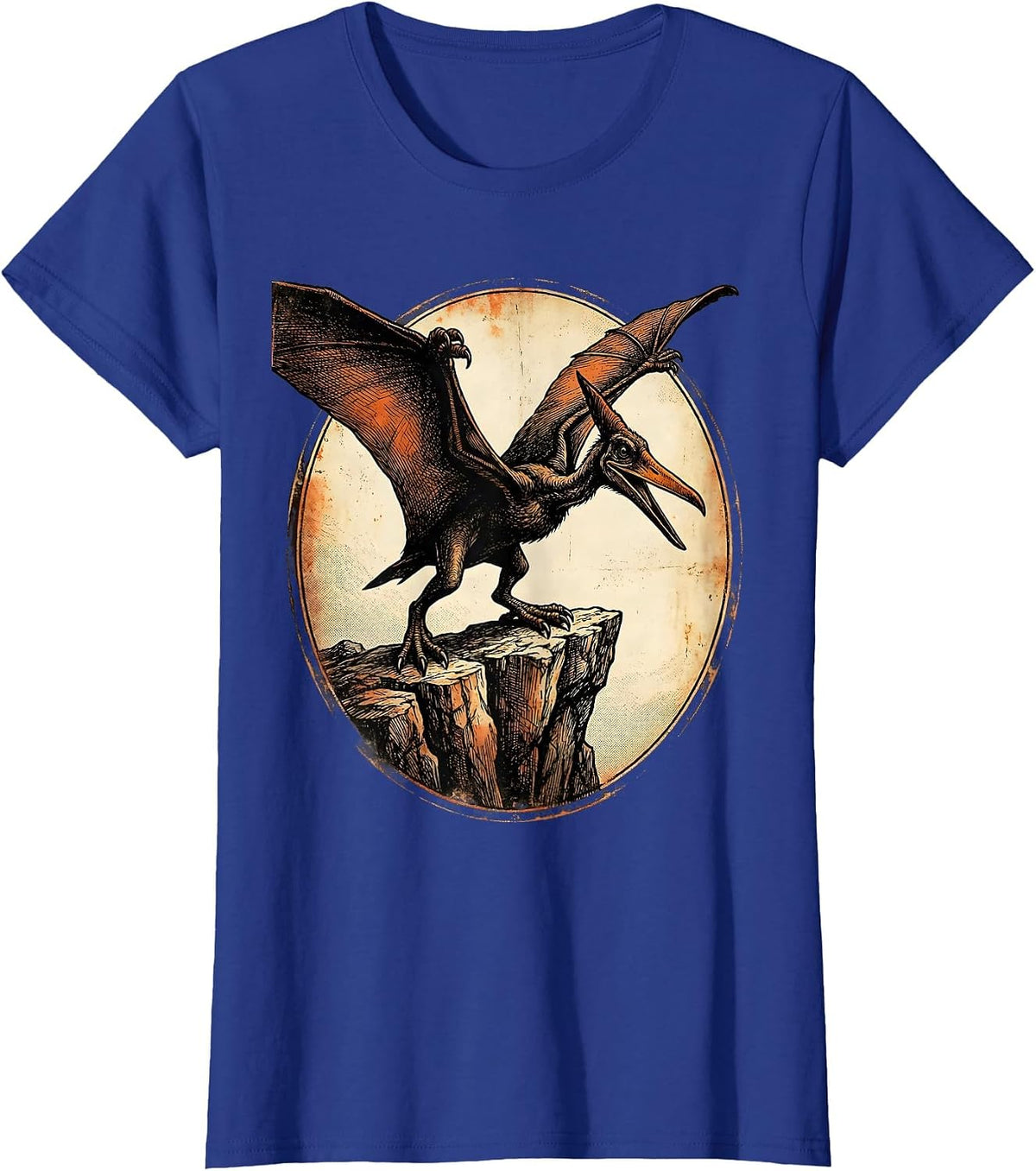 Women's Pterodactyl Cliff Perch Prehistoric Dinosaur Design T-Shirt - Royal Blue