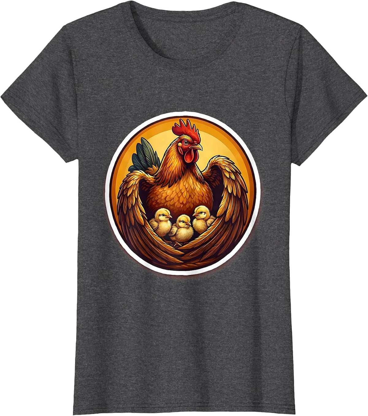 Women's Mother Hen Sheltering Chicks Under Wings Design T-Shirt - Dark Heather Grey