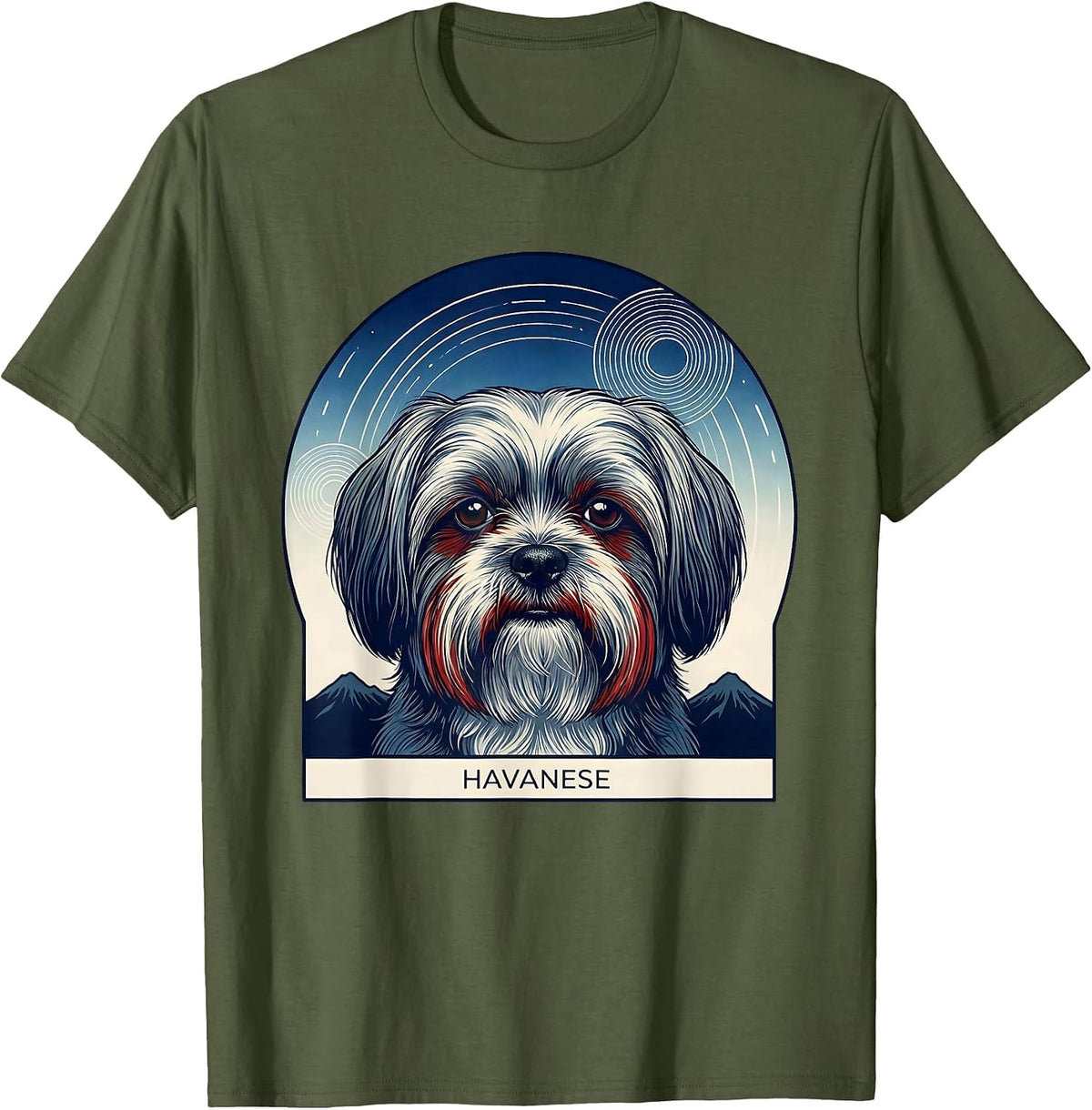 Havanese Ukiyo-e Van Gogh Style Starry Night Dog Portrait T-Shirt - Olive Green