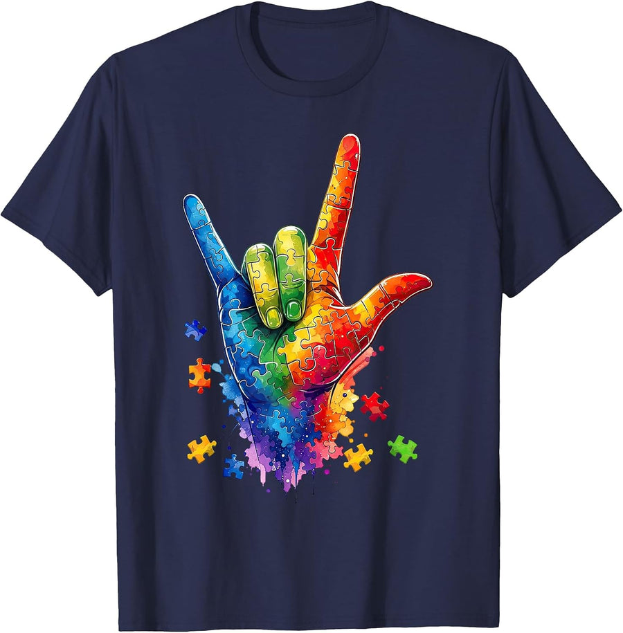 Colorful I Love You Sign Language Puzzle Hand Autism ASL T-Shirt - Navy Blue