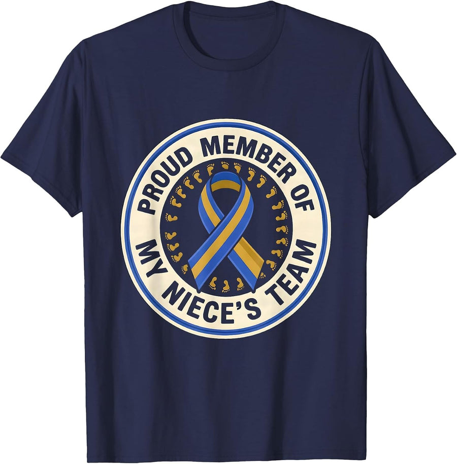 Proud Member Of My Niece's Team Family Support Ribbon Emblem T-Shirt - Navy Blue
