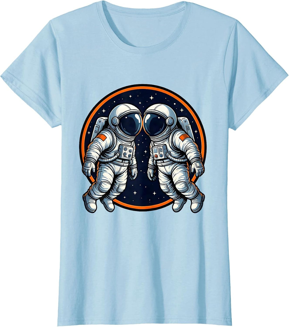 Women's Twin Astronauts Face to Face Space Illustration T-Shirt - Baby Blue