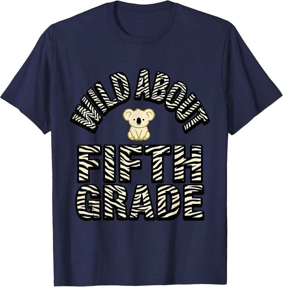 Wild About Fifth Grade Animal Print Teacher Appreciation T-Shirt - Navy Blue