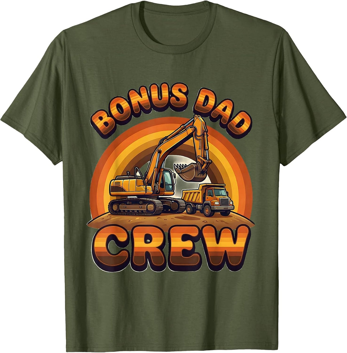 BONUS DAD CREW Retro 70s Funny Construction Excavator Kids T-Shirt - Olive Green