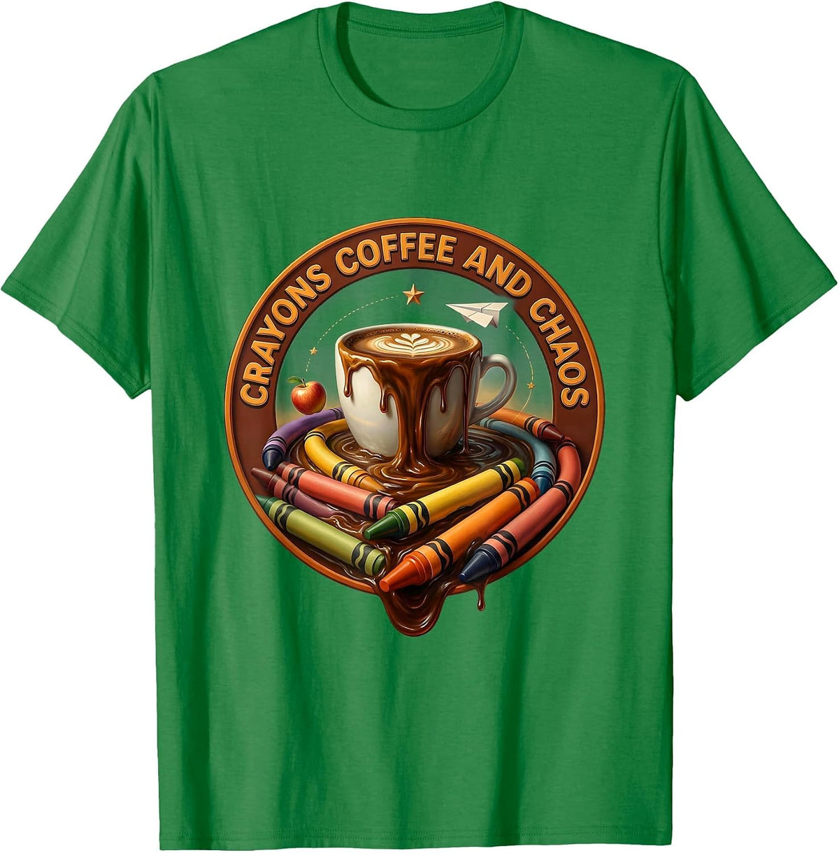 Men's Crayons Coffee and Chaos 2nd Grade Teacher T-Shirt - Kelly Green