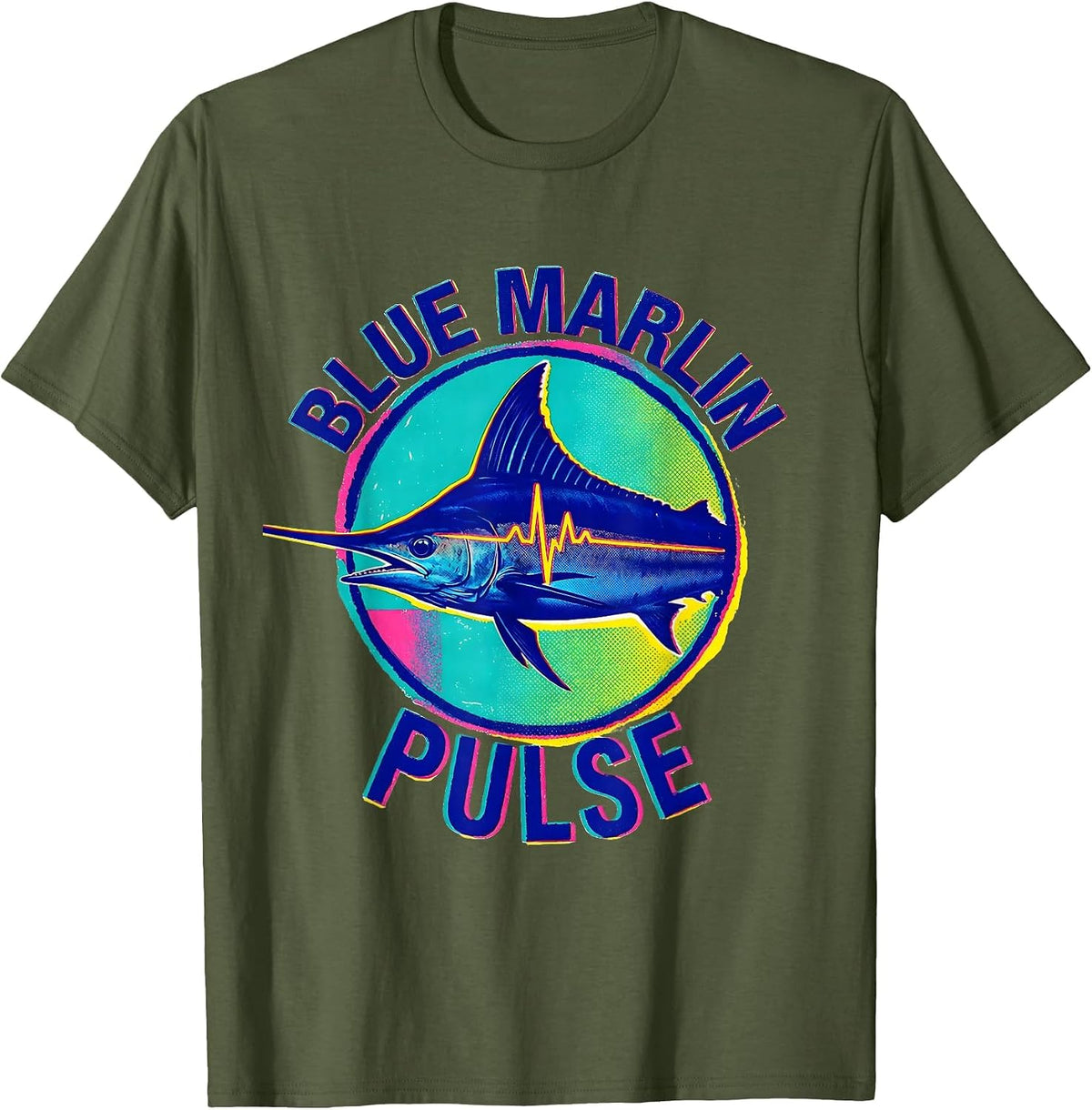 Men's Blue Marlin Pulse Risograph Fishing Angler Gift T-Shirt - Olive Green