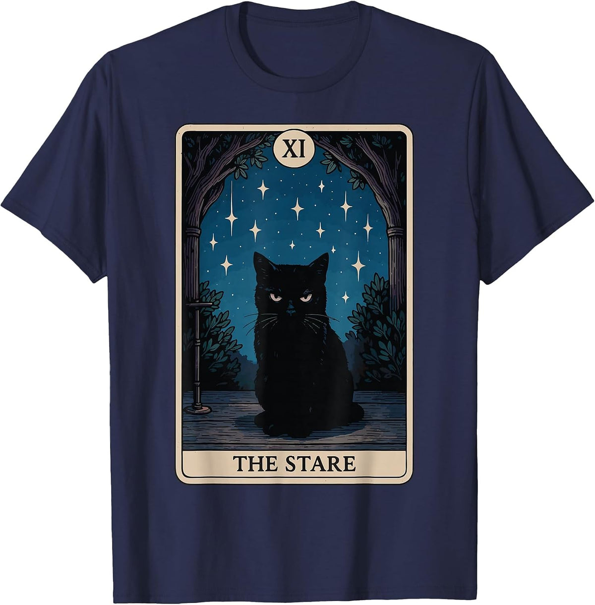 The Stare Cat Tarot Card T-Shirt - Navy Blue