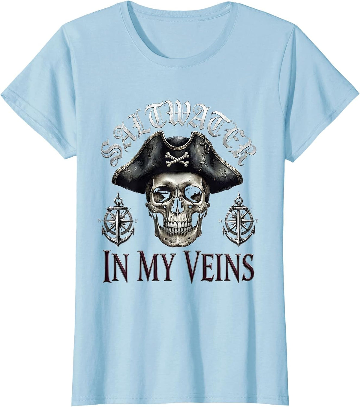 Saltwater In My Veins Pirate Nautical Design T-Shirt - Baby Blue