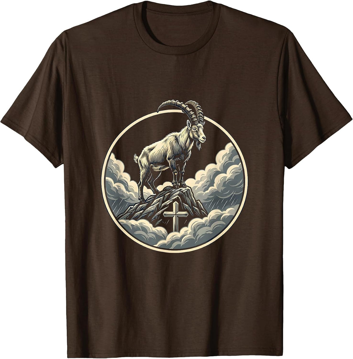 Men's Mountain Goat Storm Peak Graphic Design T-Shirt - Brown