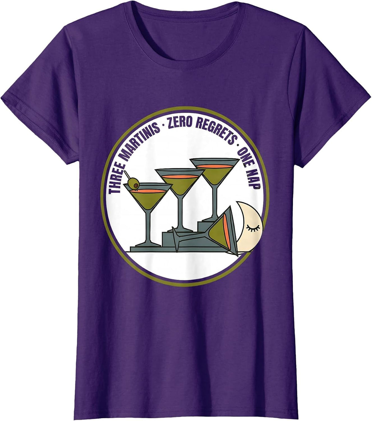 Women's Three Martinis Zero Regrets One Nap Funny Martini Lover Gift T-Shirt - Purple