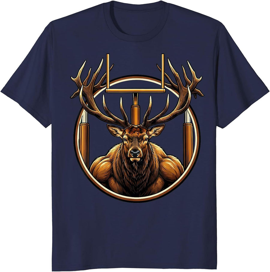 Elk Spirit Animal Football Goalposts Graphic T-Shirt - Navy Blue