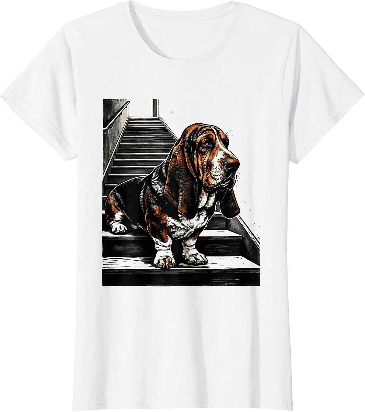 Basset Hound Dog Breed Funny Linocut Art T-Shirt - White
