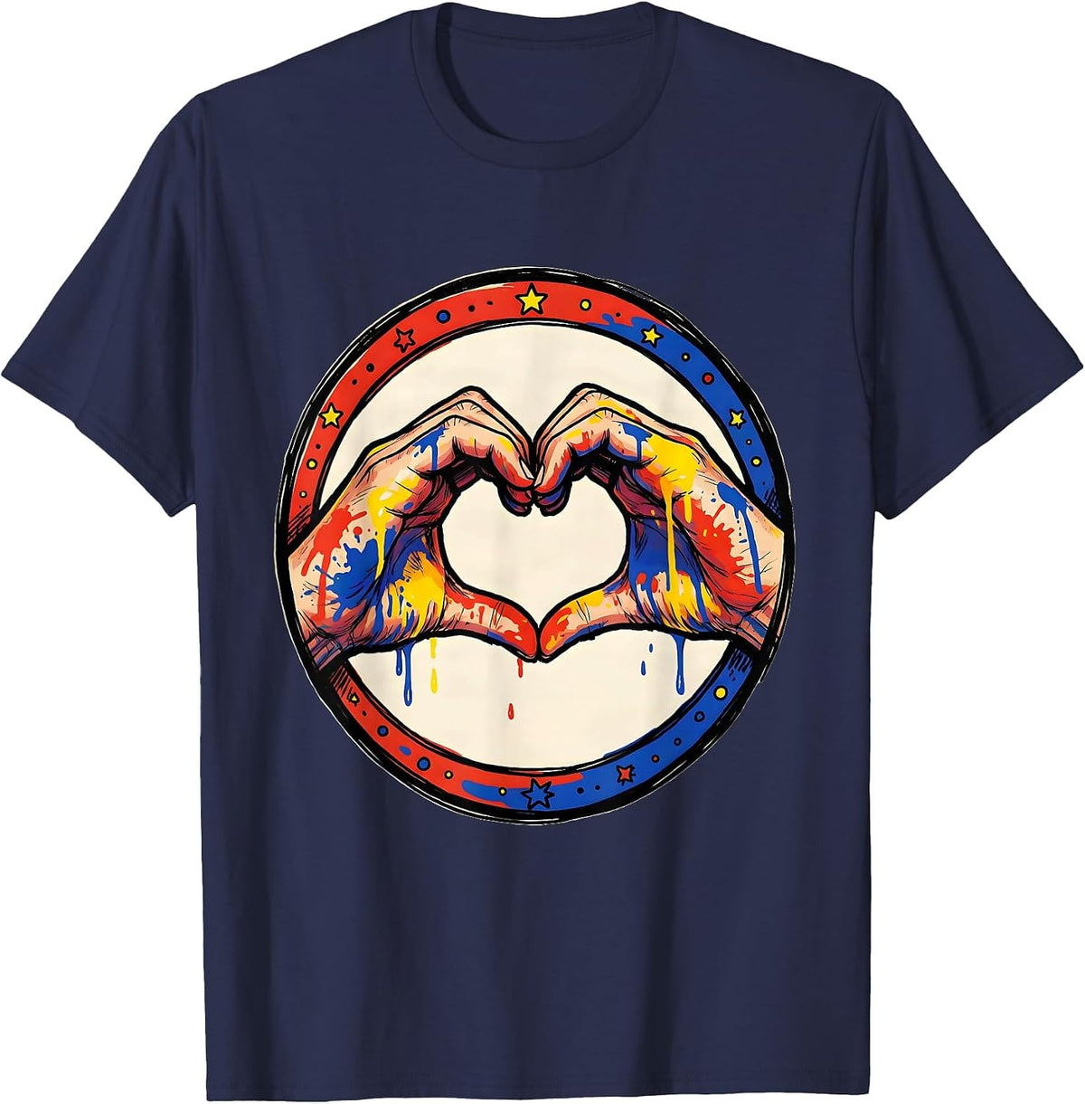Preschool Teacher Paint Hand Heart Graphic T-Shirt - Navy Blue