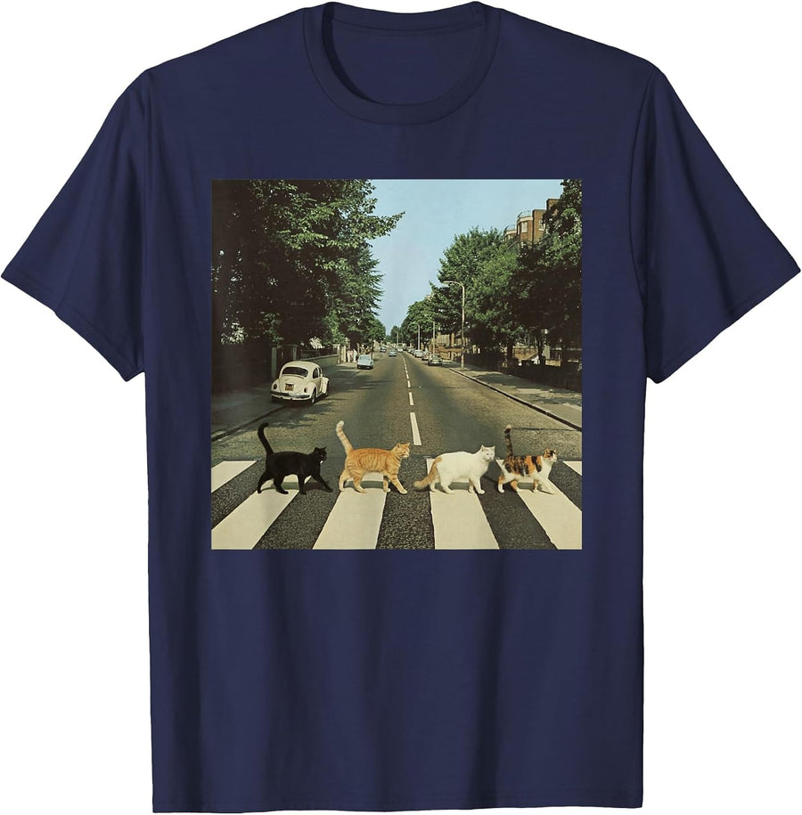 Road to Abbey Cats Parody Funny Cat Mom Lover Crossing T-Shirt - Navy Blue