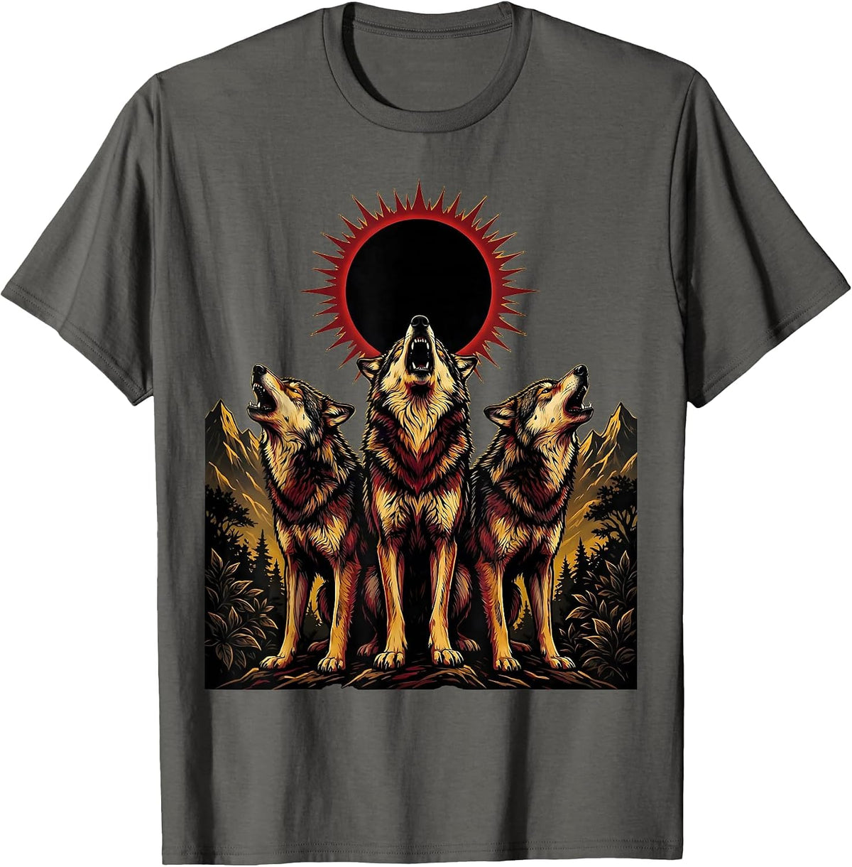 Three Wolves Howling at Eclipse Graphic T-Shirt - Asphalt Grey